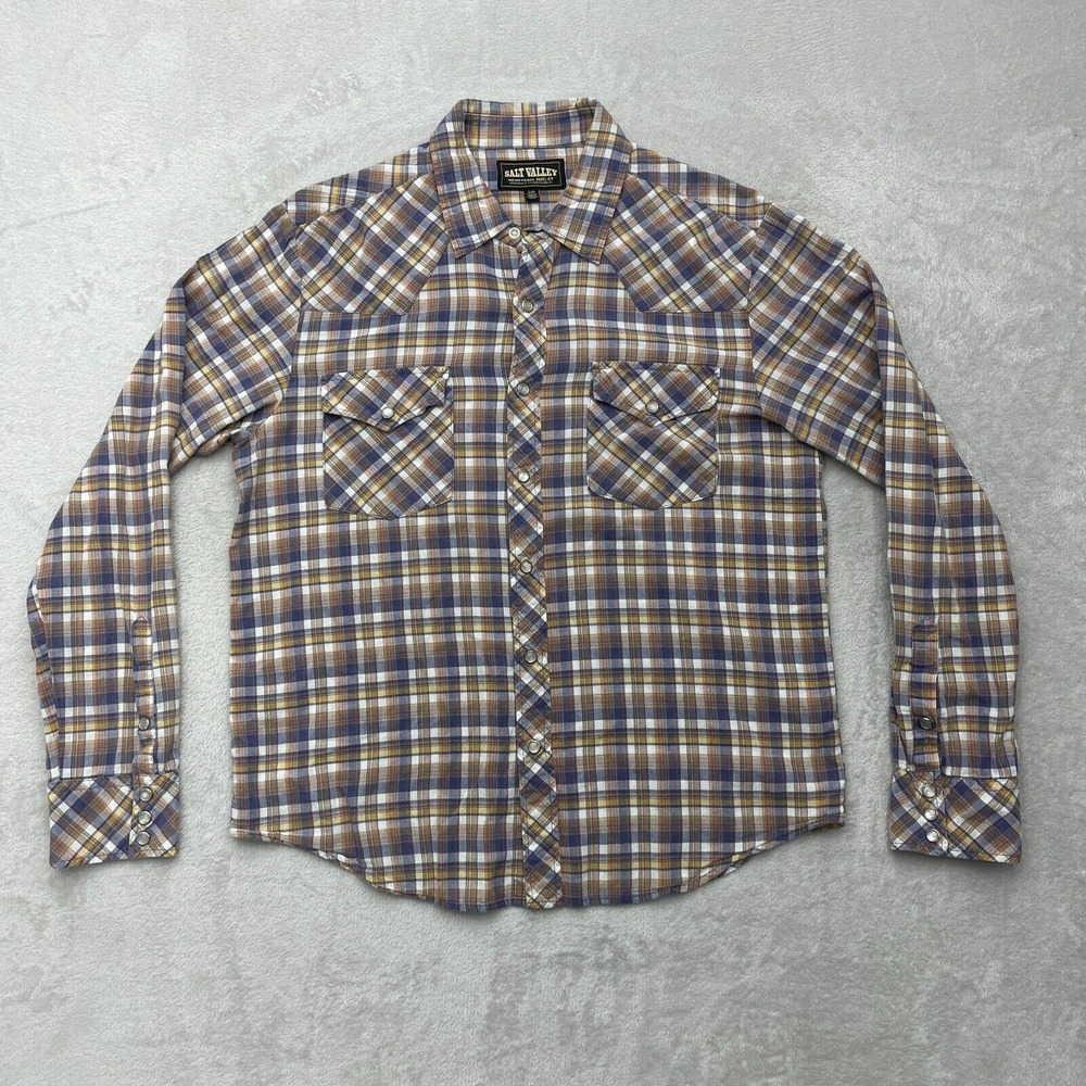 Salt Valley Shirt Womens Large Plaid Brown Blue Long Sleeve Flannel Button Up